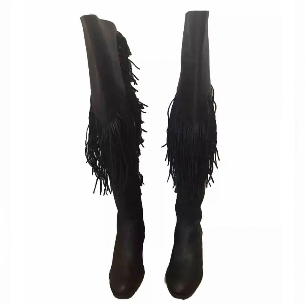 Schutz Kin Tall Fringe Black Leather Over The Knee Boots